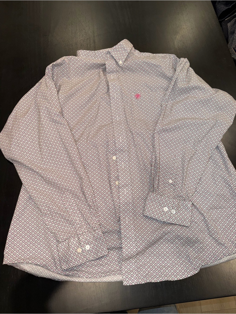 Ariat White Button-Down Shirt with Blue Geometric Print and Pink Logo